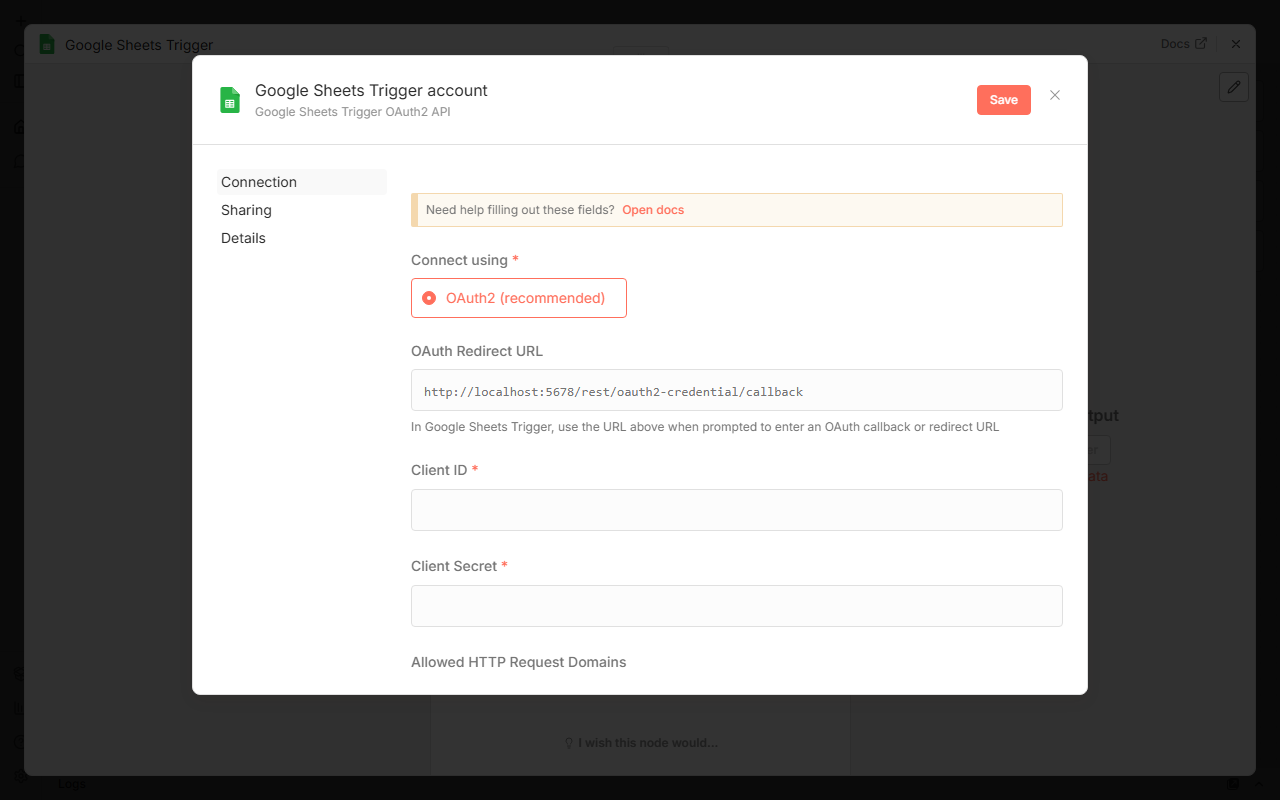 n8n Google Sheets Trigger 자격증명 창 — OAuth Redirect URL 과 Client ID·Client Secret 빈칸
