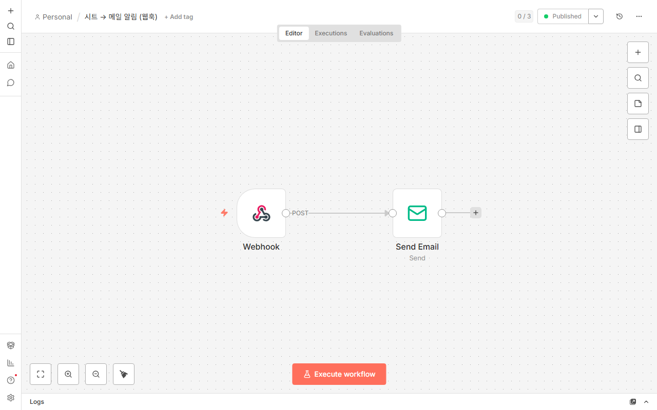 n8n 캔버스 — Webhook → Send Email, 오른쪽 위 Published