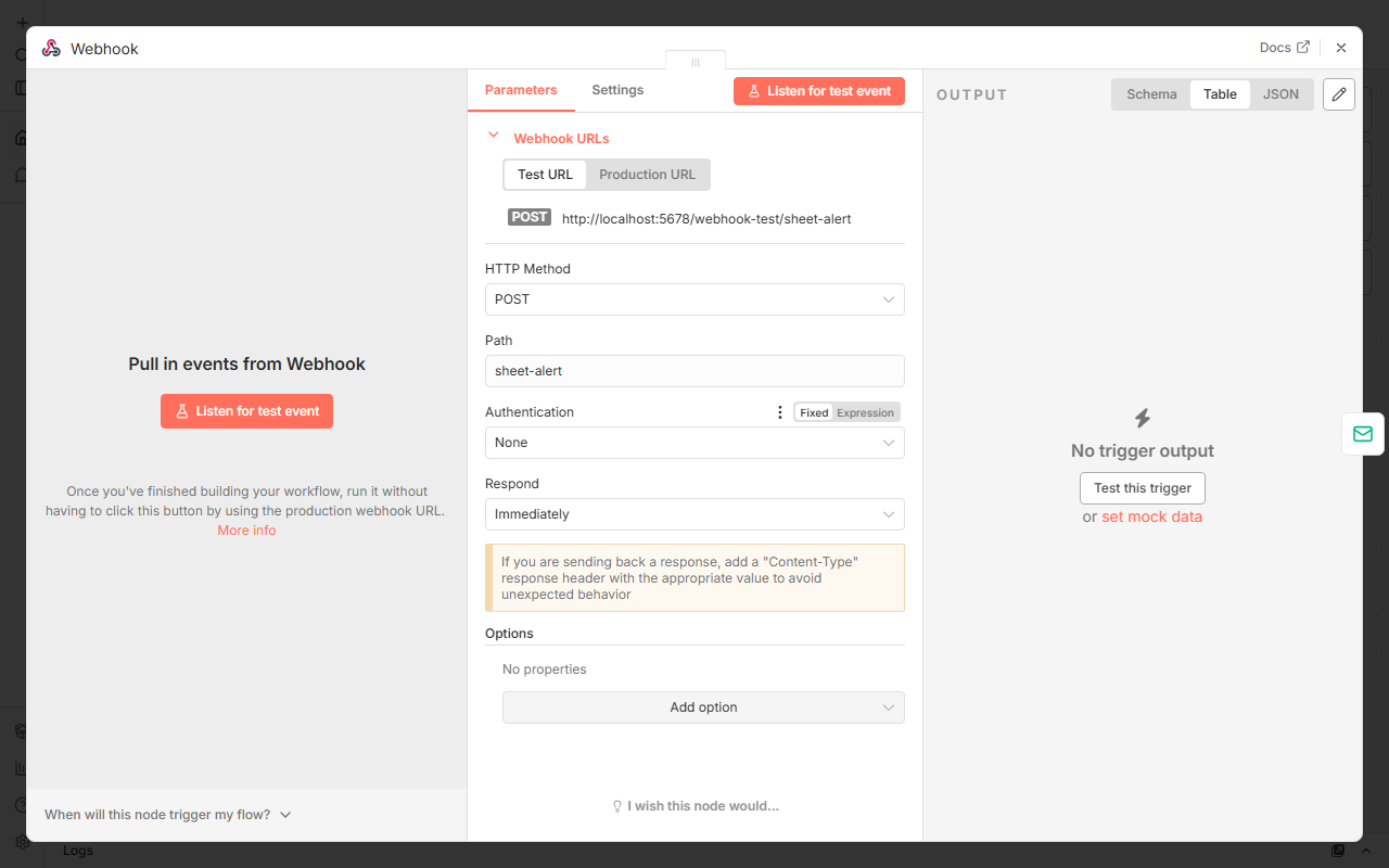 Webhook 노드 패널 — Test URL 과 Production URL 탭