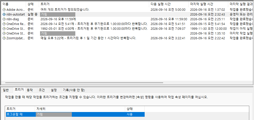 작업 스케줄러 트리거 탭 — n8n-autostart 의 트리거가 「로그온할 때」 이고 상태가 「사용」 인 화면 (계정 이름 가림)