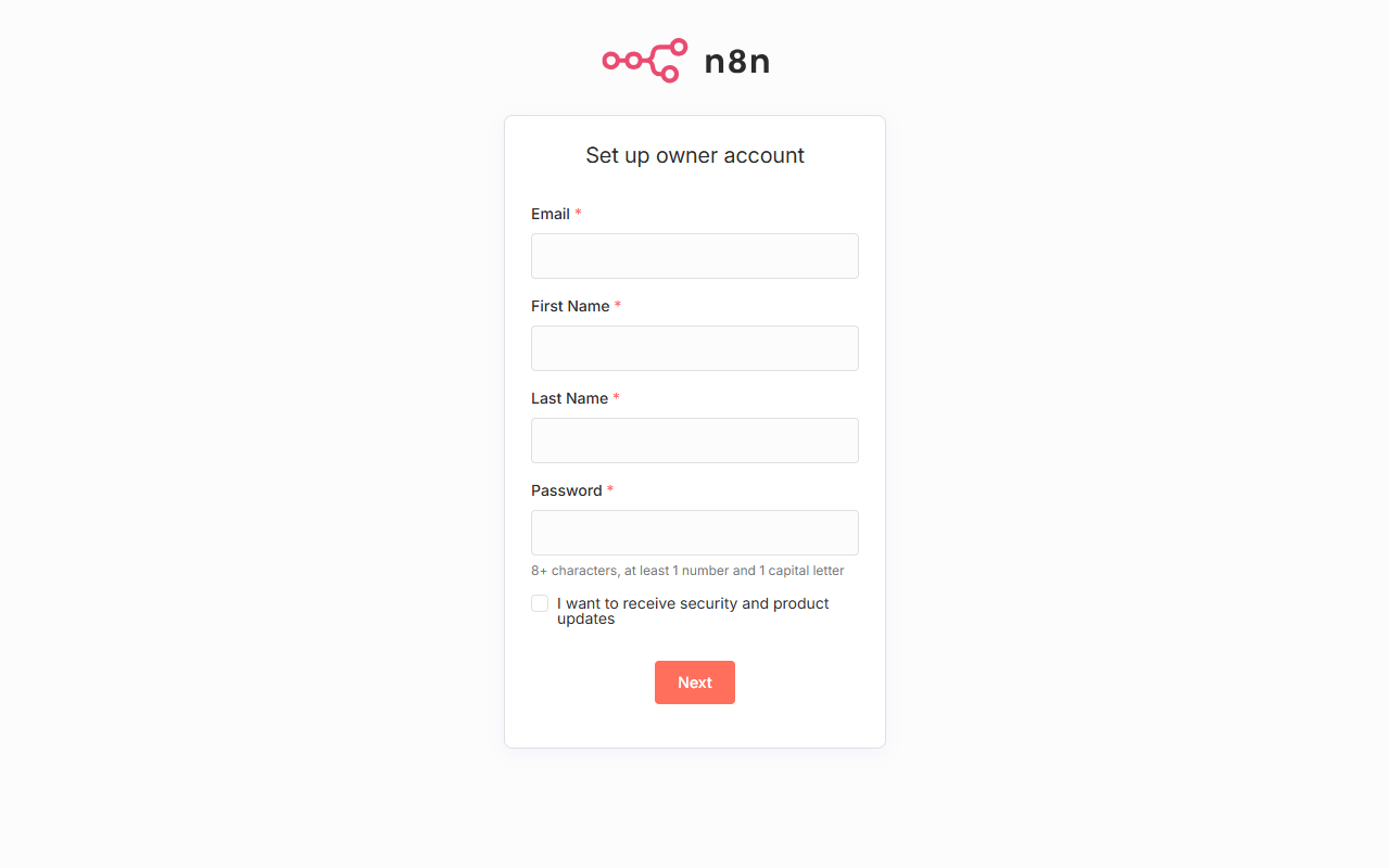 빈 데이터 폴더로 띄운 n8n 의 첫 화면 — 「Set up owner account」 (계정을 새로 만들라는 화면)