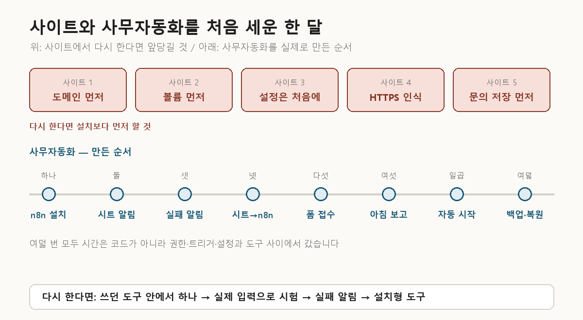 회사 사이트와 사무자동화를 처음 세운 한 달 — 사이트에서 다시 한다면 앞당길 다섯 가지(도메인, 볼륨, 설정, HTTPS 인식, 문의 저장)와 사무자동화를 만든 여덟 단계의 순서