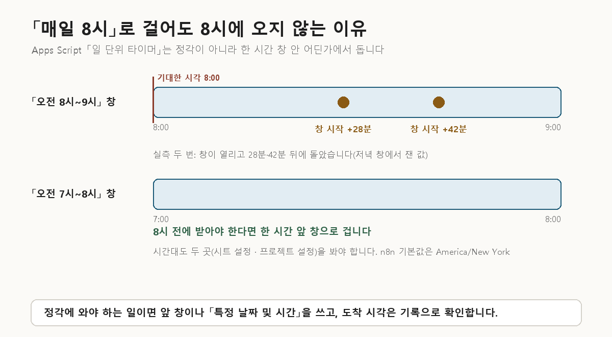 매일 도는 시간 트리거가 정각이 아니라 한 시간 창 안에서 실행되는 것을 보여 주는 그림 — 오전 8시~9시 창에서 창 시작 28분·42분 뒤 위치, 8시 전에 받으려면 7시~8시 창